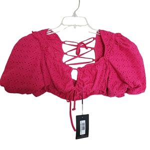 Prettylittlething Hot Pink Eyelet Crop Top